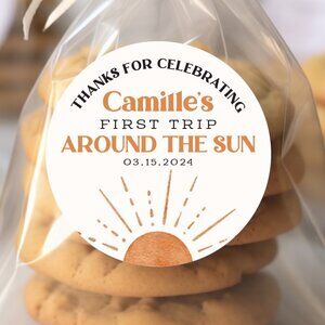 First Trip Around the Sun Birthday Stickers, Sun First Birthday Party Favor Tags